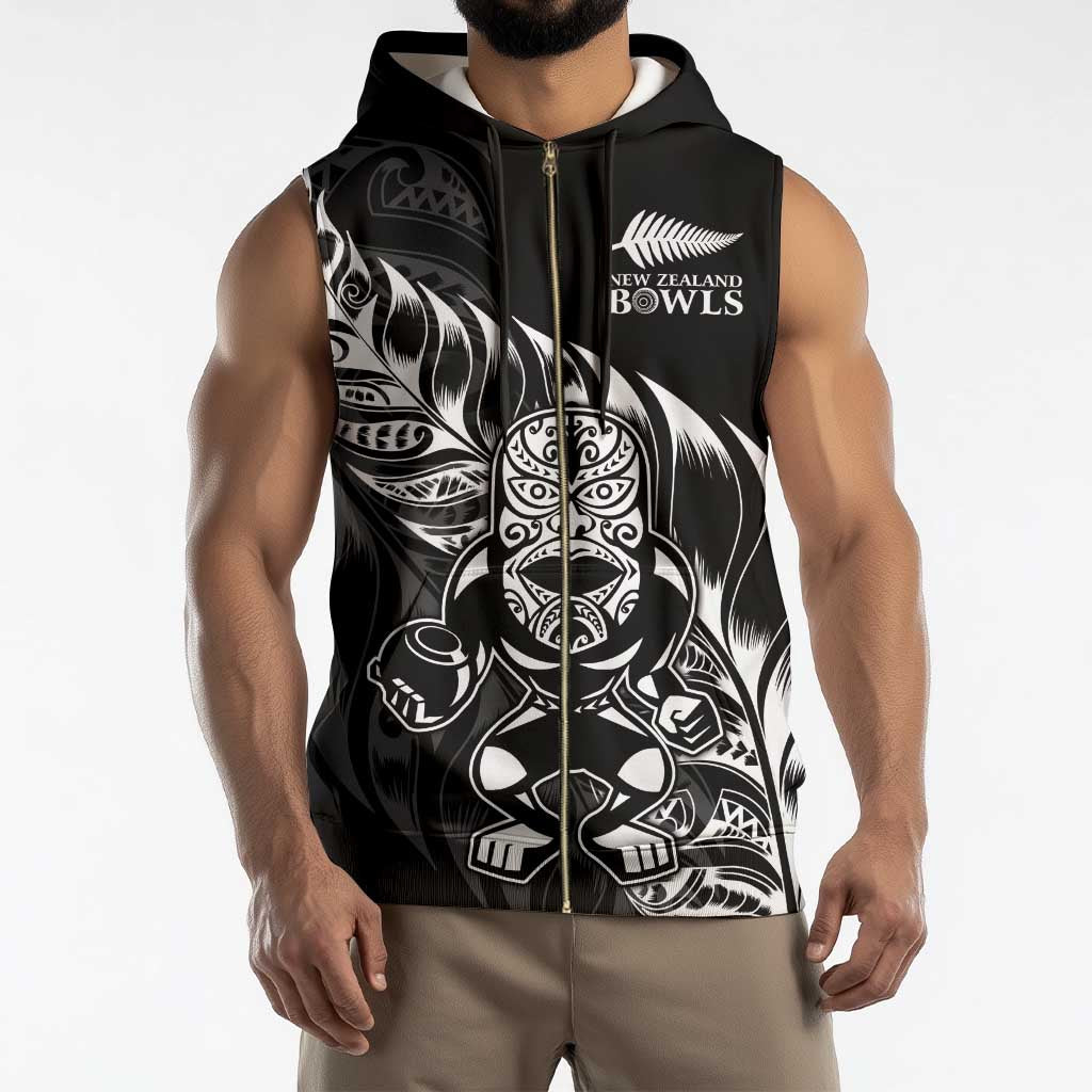 New Zealand Lawn Bowls Custom Sleeveless Zip Hoodie Black Maori Warrior Tribal Silver Fern - Polynesian Pride