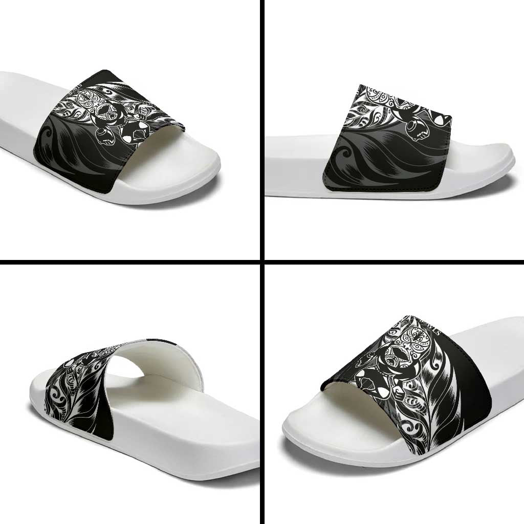 New Zealand Lawn Bowls Slide Sandals Black Maori Warrior Tribal Silver Fern - Polynesian Pride