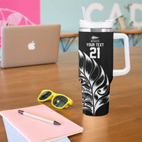 New Zealand Lawn Bowls Custom Tumbler With Handle Black Maori Warrior Tribal Silver Fern - Polynesian Pride