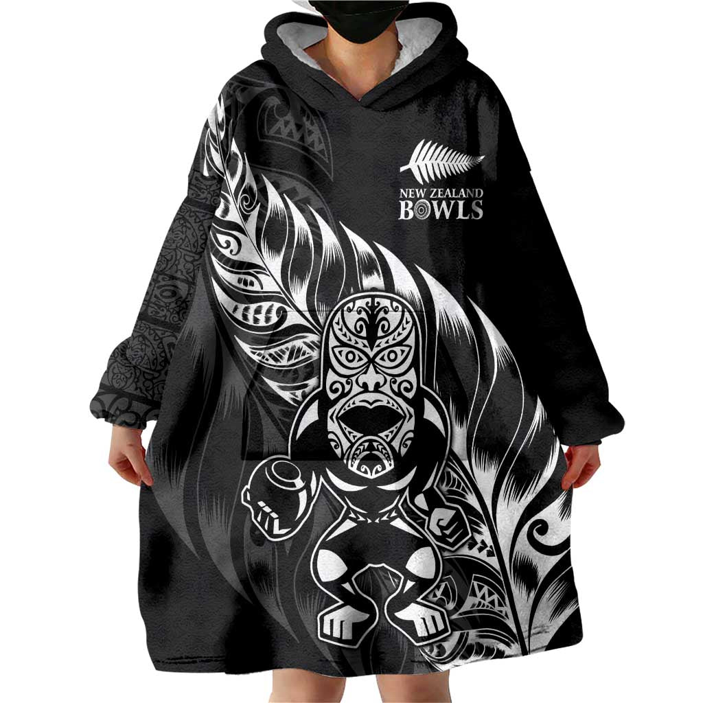 New Zealand Lawn Bowls Custom Wearable Blanket Hoodie Black Maori Warrior Tribal Silver Fern - Polynesian Pride