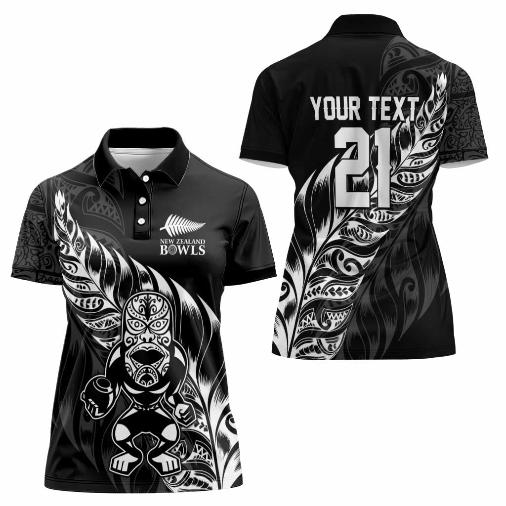 New Zealand Lawn Bowls Custom Women Polo Shirt Black Maori Warrior Tribal Silver Fern - Polynesian Pride