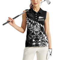 New Zealand Lawn Bowls Custom Women Sleeveless Polo Shirt Black Maori Warrior Tribal Silver Fern - Polynesian Pride