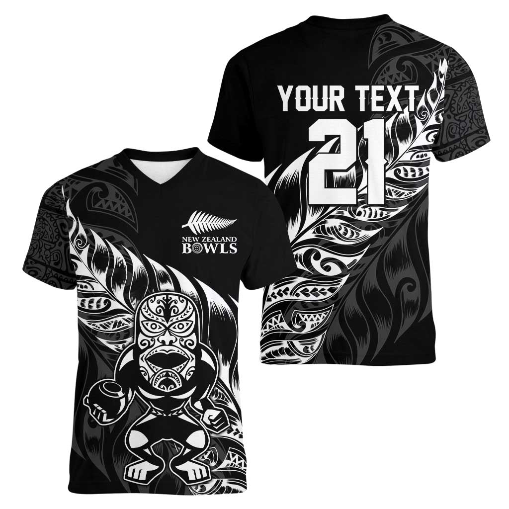 New Zealand Lawn Bowls Custom Women V-Neck T-Shirt Black Maori Warrior Tribal Silver Fern - Polynesian Pride