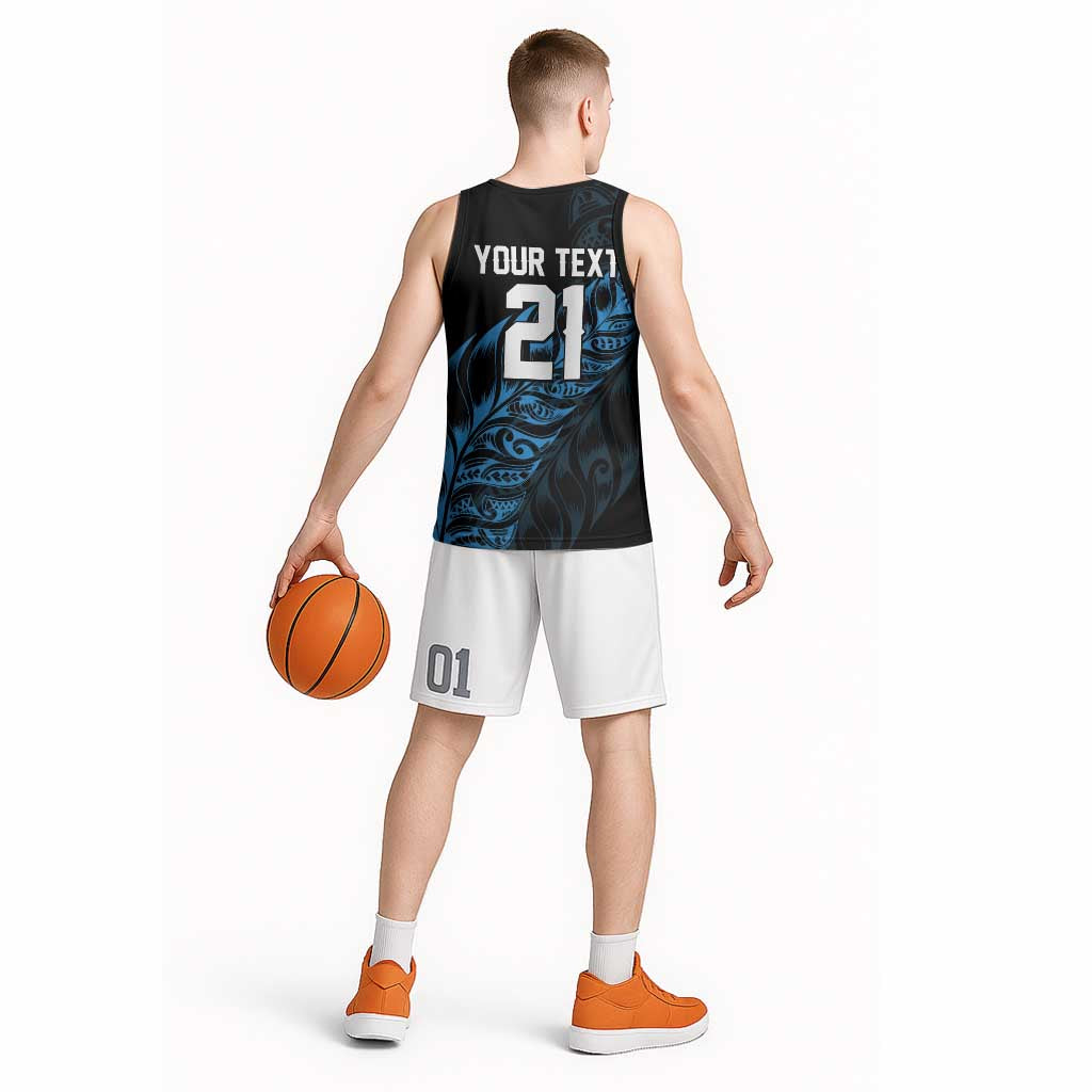 New Zealand Lawn Bowls Custom Basketball Jersey Blue Maori Warrior Tribal Silver Fern - Polynesian Pride