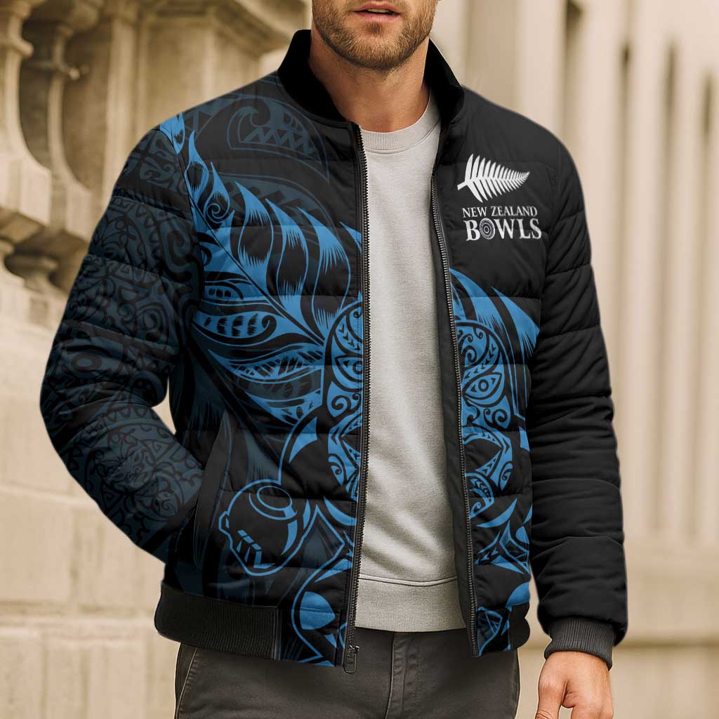 New Zealand Lawn Bowls Custom Bomber Puffer Jacket Blue Maori Warrior Tribal Silver Fern - Polynesian Pride