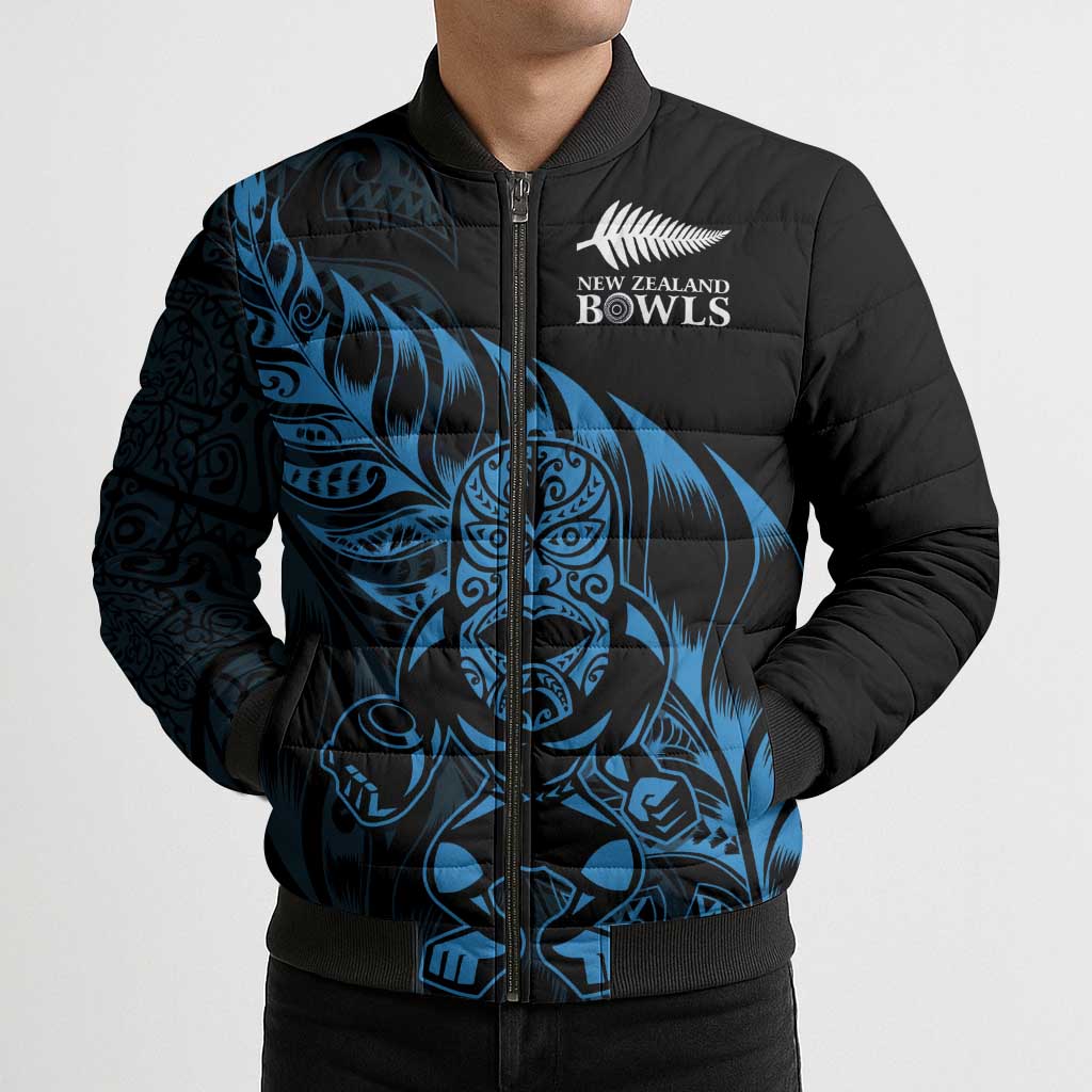 New Zealand Lawn Bowls Custom Bomber Puffer Jacket Blue Maori Warrior Tribal Silver Fern - Polynesian Pride