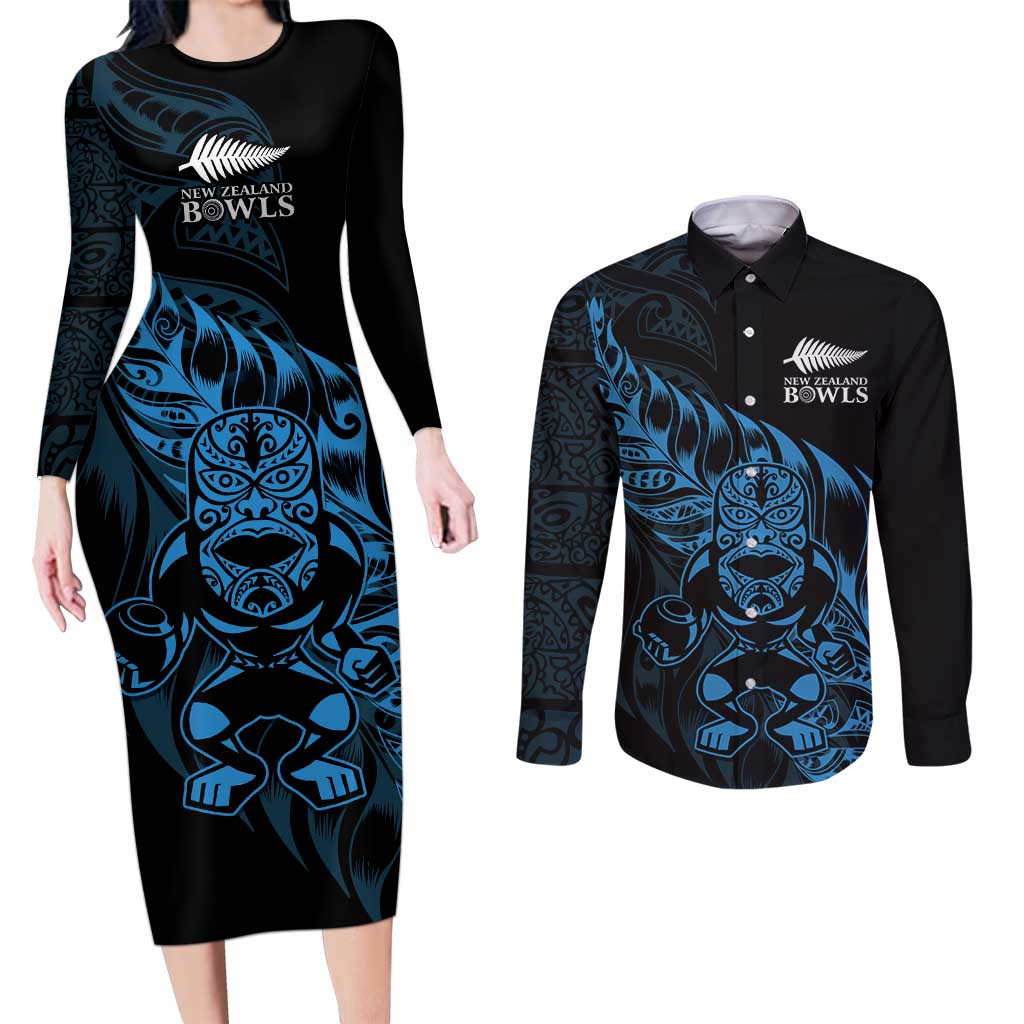 New Zealand Lawn Bowls Custom Couples Matching Long Sleeve Bodycon Dress and Long Sleeve Button Shirt Blue Maori Warrior Tribal Silver Fern - Polynesian Pride