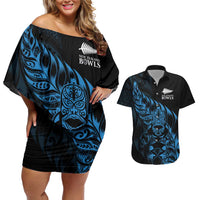 New Zealand Lawn Bowls Custom Couples Matching Off Shoulder Short Dress and Hawaiian Shirt Blue Maori Warrior Tribal Silver Fern - Polynesian Pride