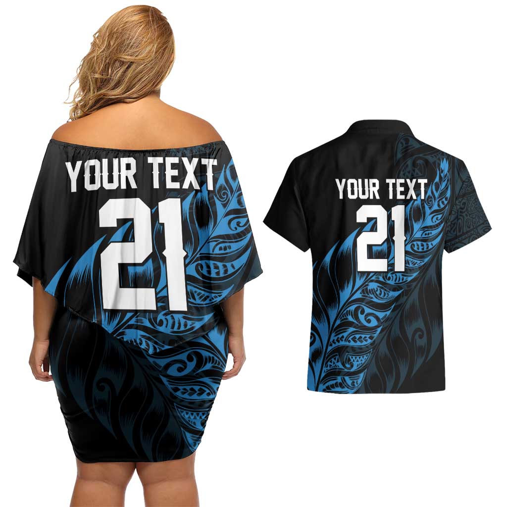 New Zealand Lawn Bowls Custom Couples Matching Off Shoulder Short Dress and Hawaiian Shirt Blue Maori Warrior Tribal Silver Fern - Polynesian Pride