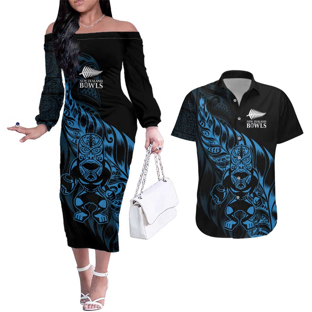 New Zealand Lawn Bowls Custom Couples Matching Off The Shoulder Long Sleeve Dress and Hawaiian Shirt Blue Maori Warrior Tribal Silver Fern - Polynesian Pride