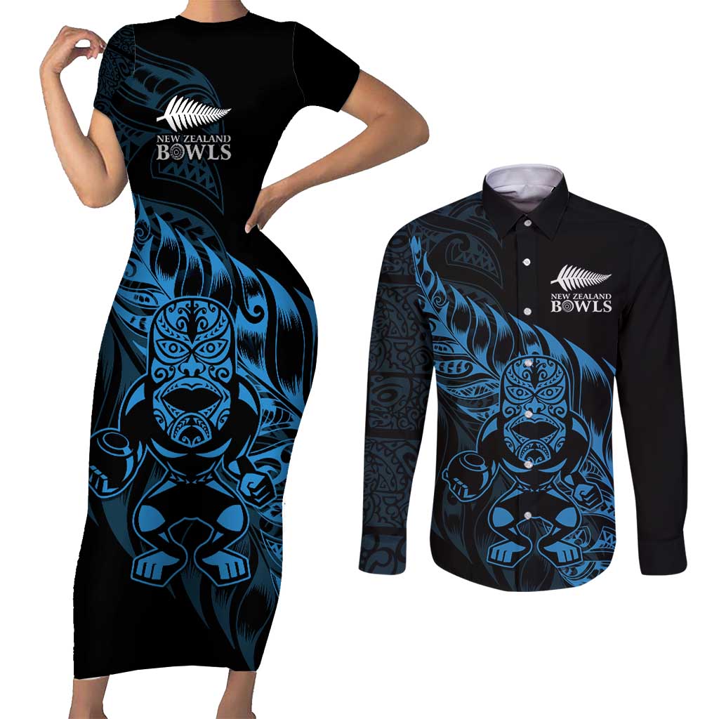 New Zealand Lawn Bowls Custom Couples Matching Short Sleeve Bodycon Dress and Long Sleeve Button Shirt Blue Maori Warrior Tribal Silver Fern - Polynesian Pride