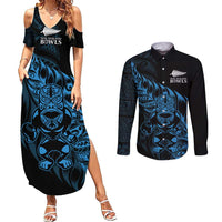 New Zealand Lawn Bowls Custom Couples Matching Summer Maxi Dress and Long Sleeve Button Shirt Blue Maori Warrior Tribal Silver Fern - Polynesian Pride