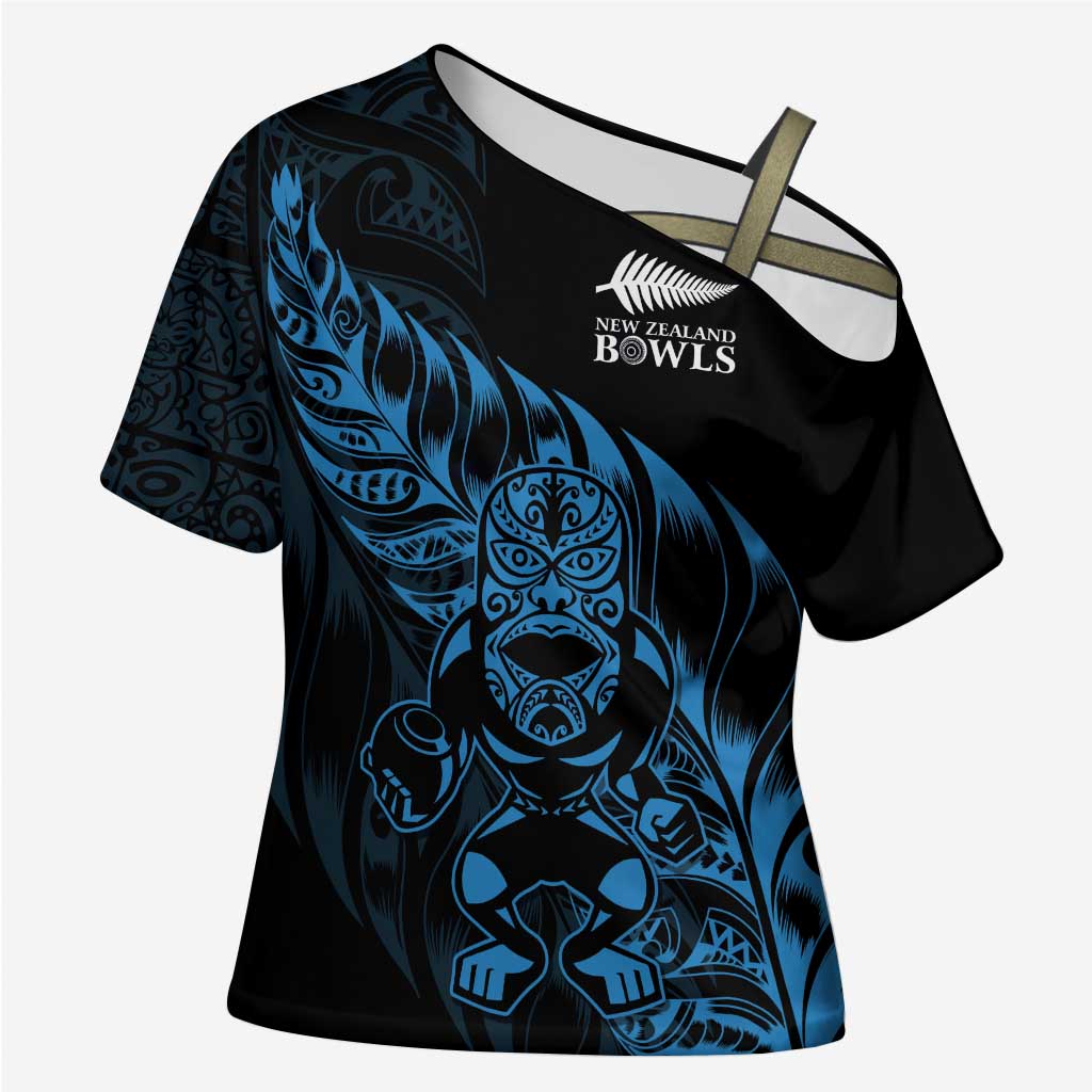 New Zealand Lawn Bowls Custom Cross Shoulder Shirt Blue Maori Warrior Tribal Silver Fern - Polynesian Pride