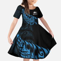New Zealand Lawn Bowls Custom Family Matching Off Shoulder Maxi Dress and Hawaiian Shirt Blue Maori Warrior Tribal Silver Fern - Polynesian Pride