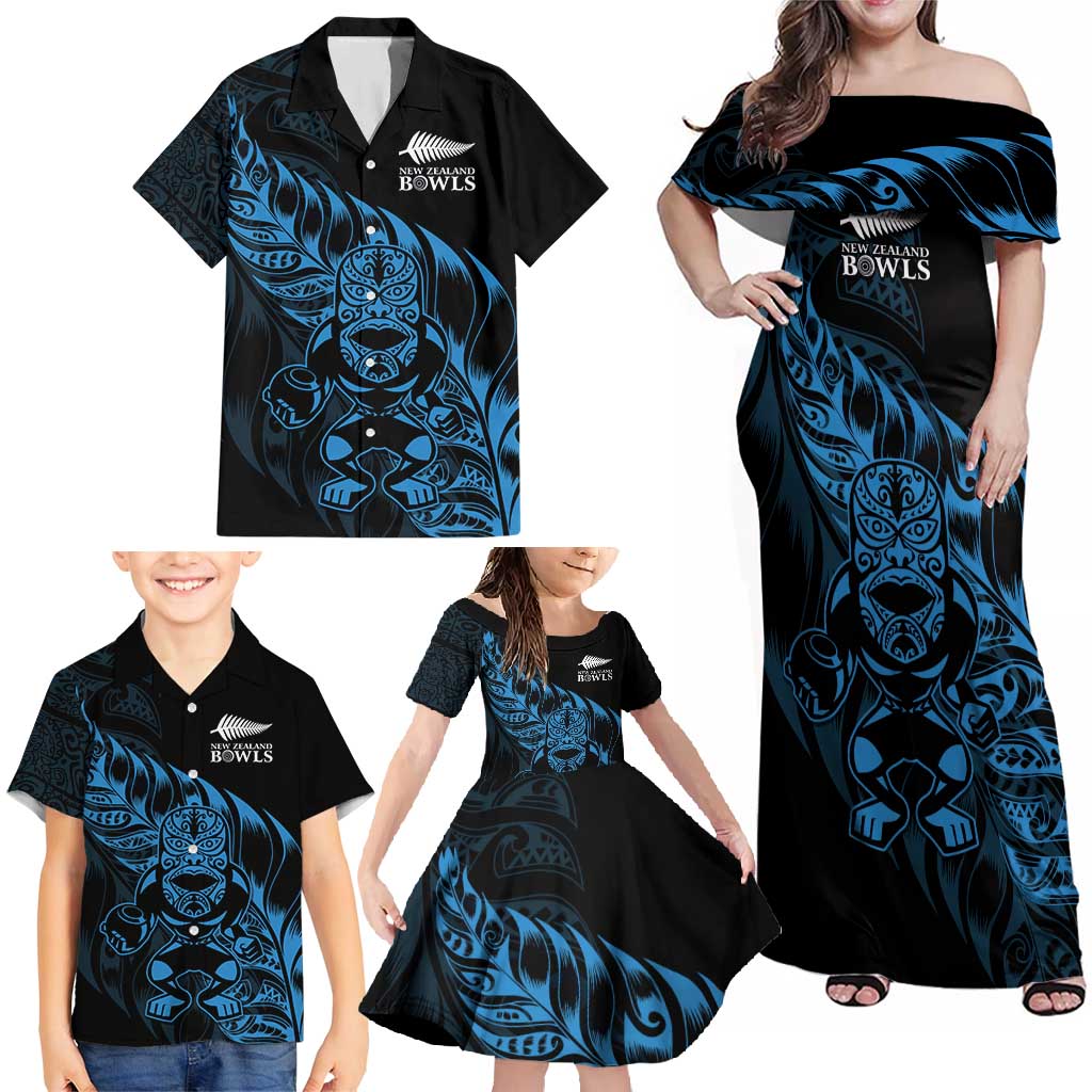 New Zealand Lawn Bowls Custom Family Matching Off Shoulder Maxi Dress and Hawaiian Shirt Blue Maori Warrior Tribal Silver Fern - Polynesian Pride