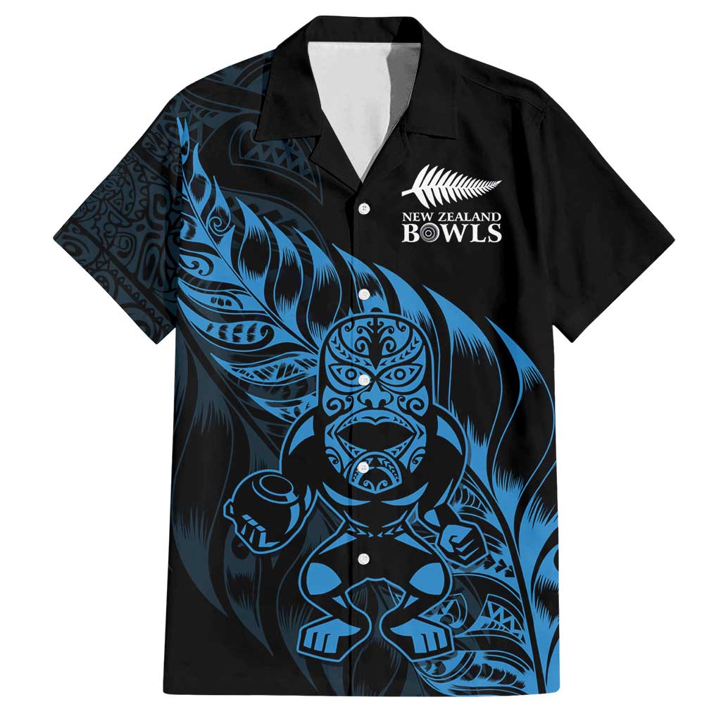 New Zealand Lawn Bowls Custom Family Matching Off Shoulder Short Dress and Hawaiian Shirt Blue Maori Warrior Tribal Silver Fern - Polynesian Pride