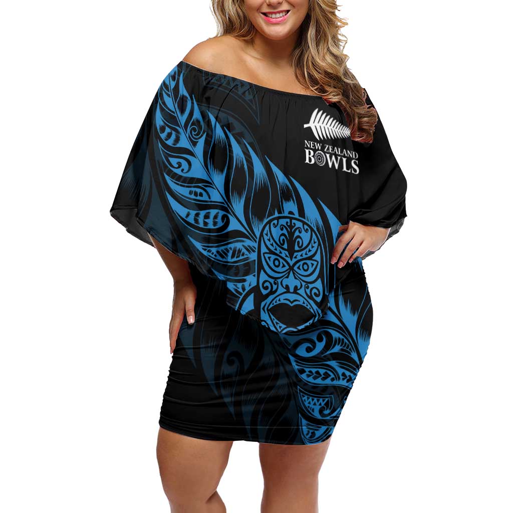 New Zealand Lawn Bowls Custom Family Matching Off Shoulder Short Dress and Hawaiian Shirt Blue Maori Warrior Tribal Silver Fern - Polynesian Pride