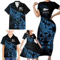 New Zealand Lawn Bowls Custom Family Matching Short Sleeve Bodycon Dress and Hawaiian Shirt Blue Maori Warrior Tribal Silver Fern - Polynesian Pride