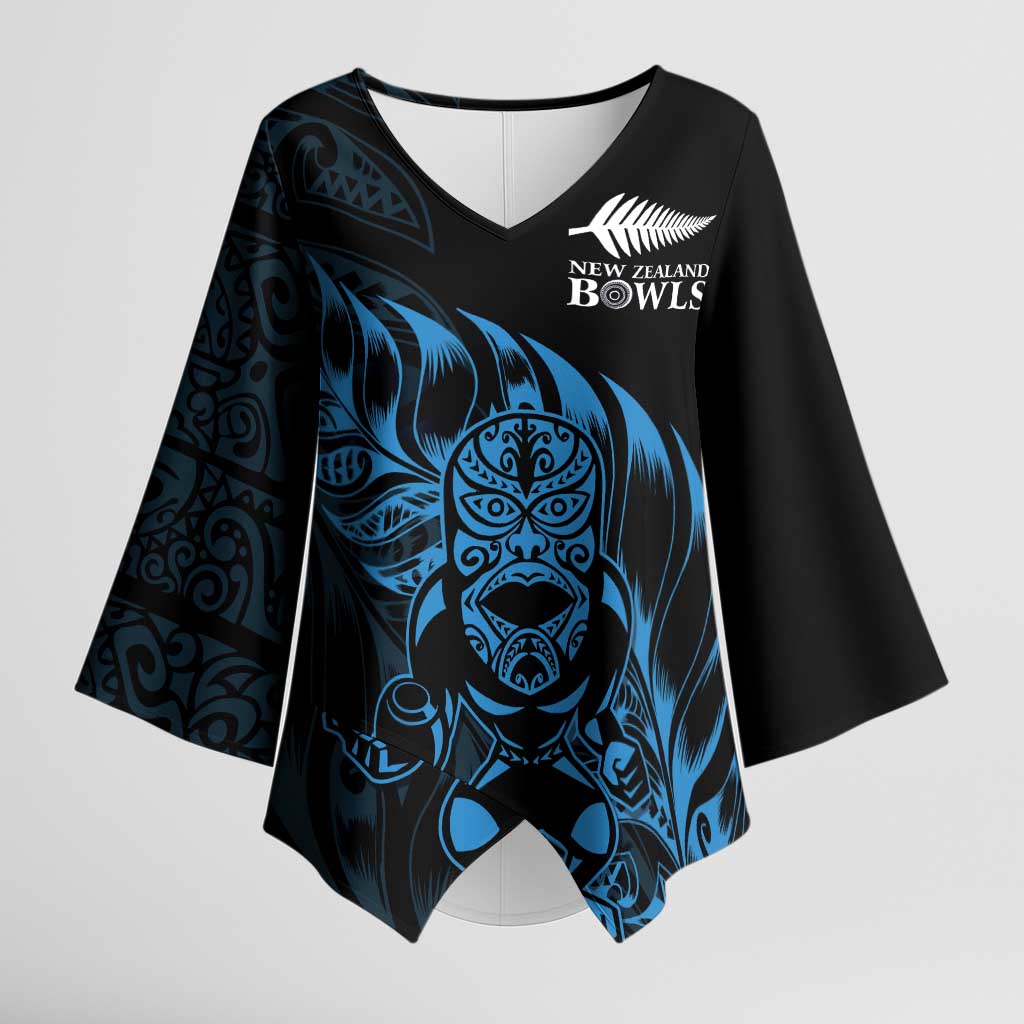 New Zealand Lawn Bowls Custom Kimono Sleeve Blouse Blue Maori Warrior Tribal Silver Fern - Polynesian Pride