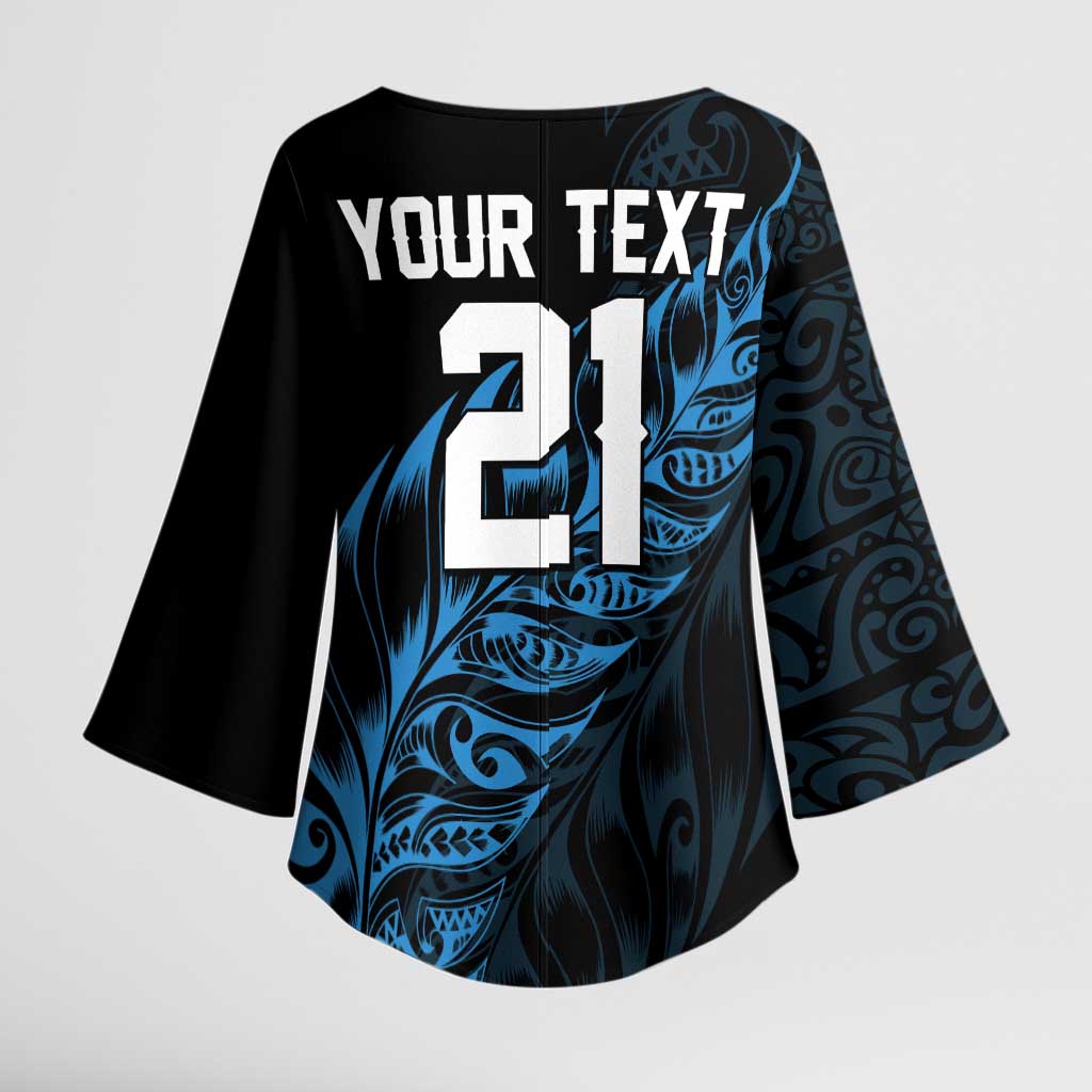 New Zealand Lawn Bowls Custom Kimono Sleeve Blouse Blue Maori Warrior Tribal Silver Fern - Polynesian Pride