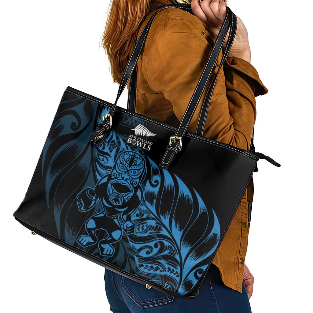 New Zealand Lawn Bowls Leather Tote Bag Blue Maori Warrior Tribal Silver Fern - Polynesian Pride