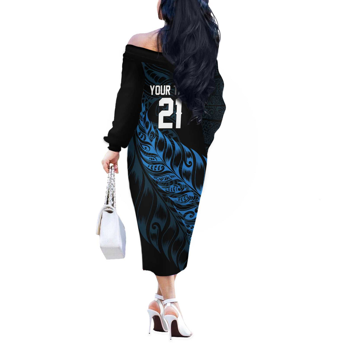 New Zealand Lawn Bowls Custom Off The Shoulder Long Sleeve Dress Blue Maori Warrior Tribal Silver Fern - Polynesian Pride