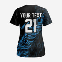 New Zealand Lawn Bowls Custom Scrub Top Blue Maori Warrior Tribal Silver Fern - Polynesian Pride