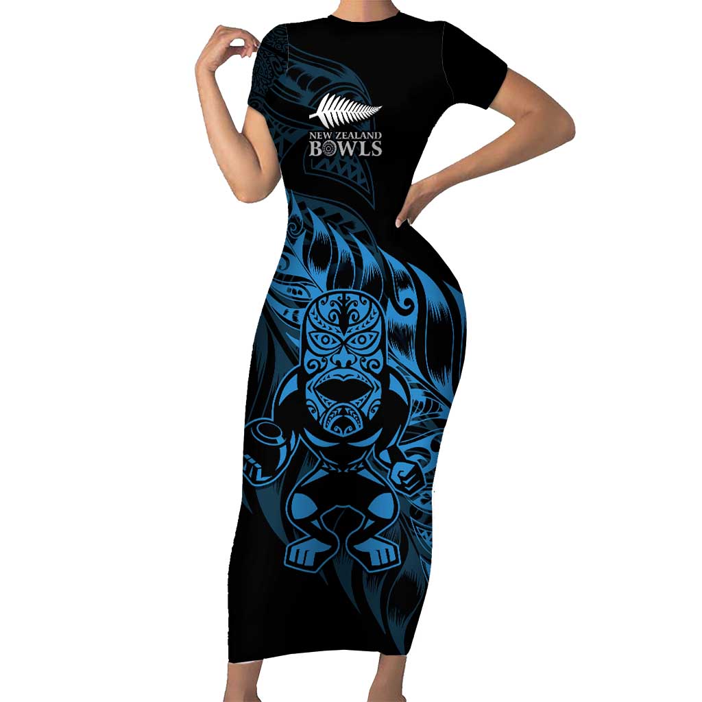 New Zealand Lawn Bowls Custom Short Sleeve Bodycon Dress Blue Maori Warrior Tribal Silver Fern - Polynesian Pride