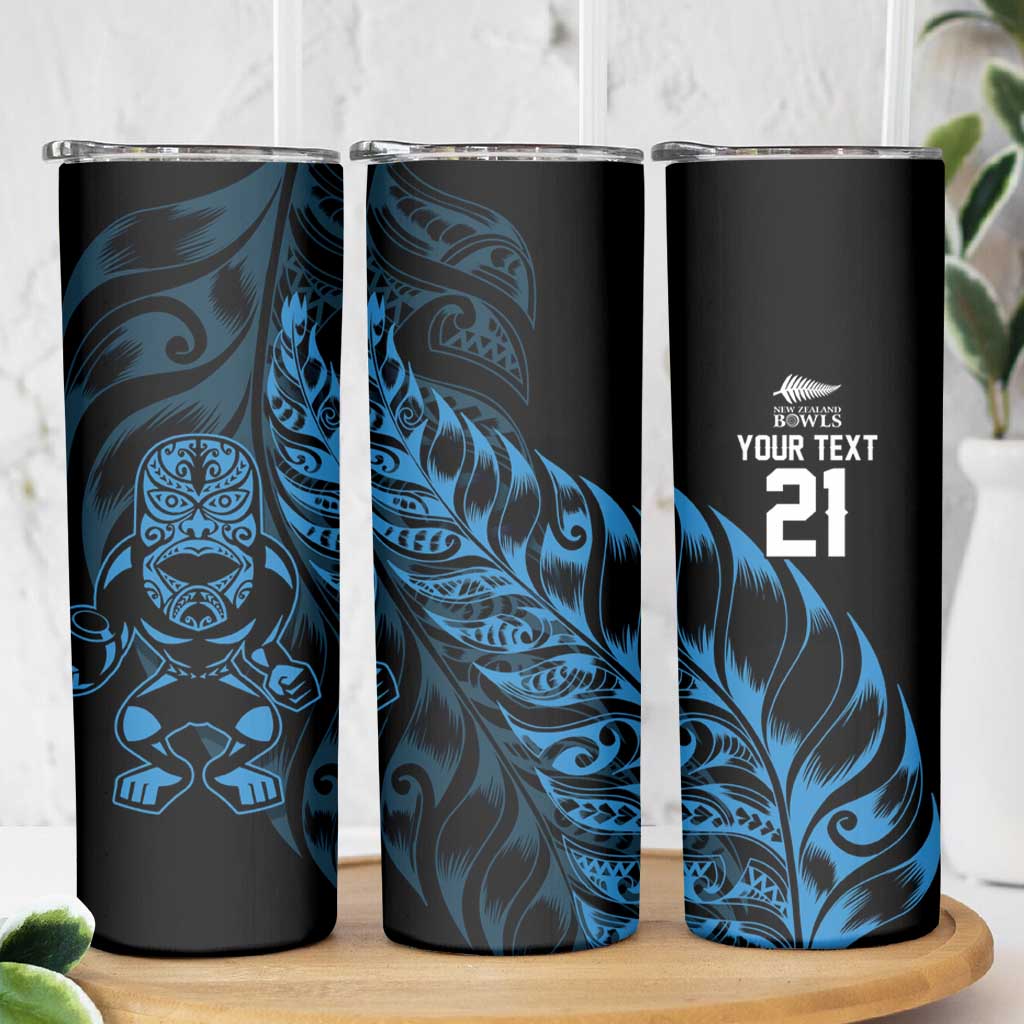 New Zealand Lawn Bowls Custom Skinny Tumbler Blue Maori Warrior Tribal Silver Fern - Polynesian Pride