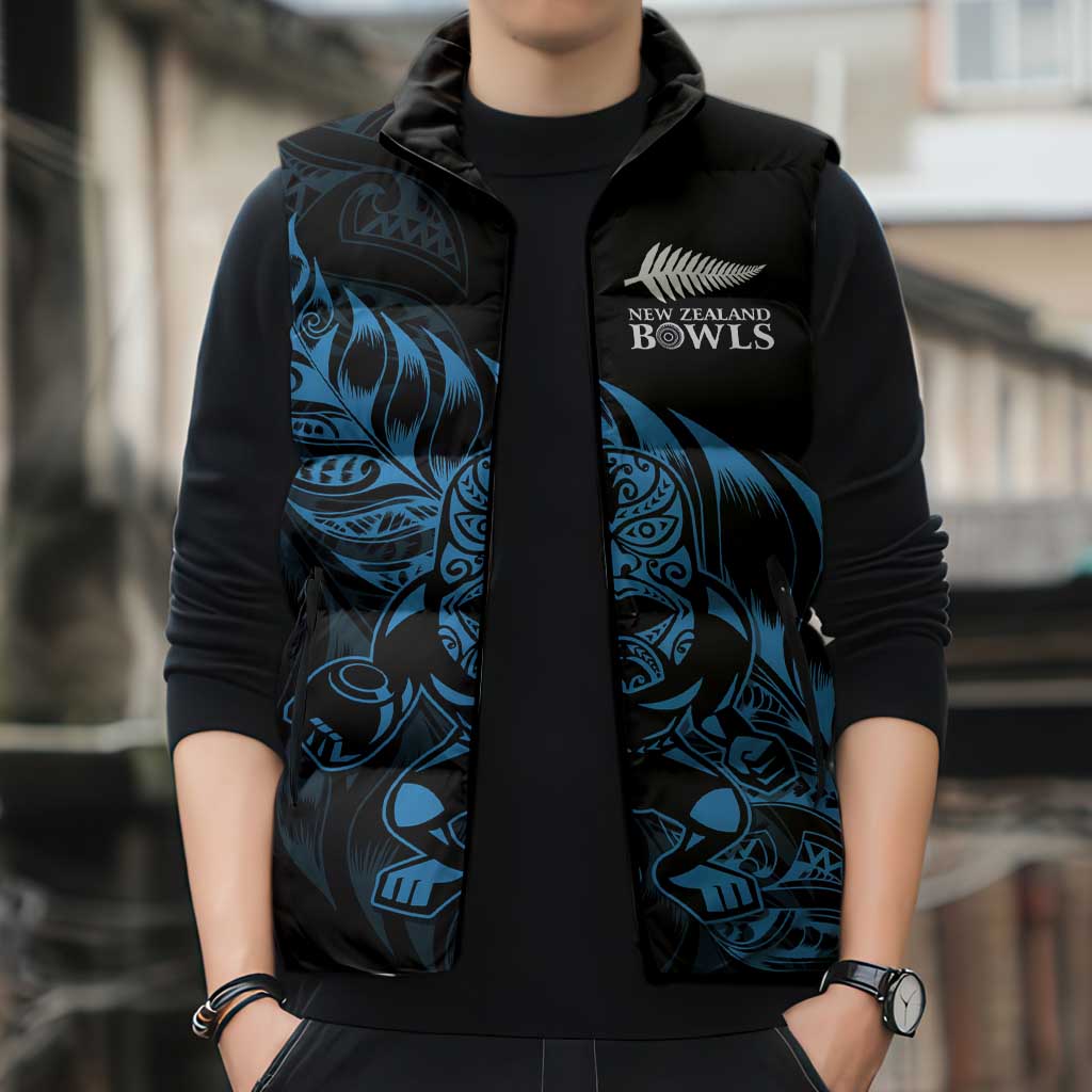 New Zealand Lawn Bowls Custom Sleeveless Puffer Jacket Blue Maori Warrior Tribal Silver Fern - Polynesian Pride