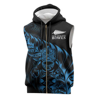New Zealand Lawn Bowls Custom Sleeveless Zip Hoodie Blue Maori Warrior Tribal Silver Fern - Polynesian Pride