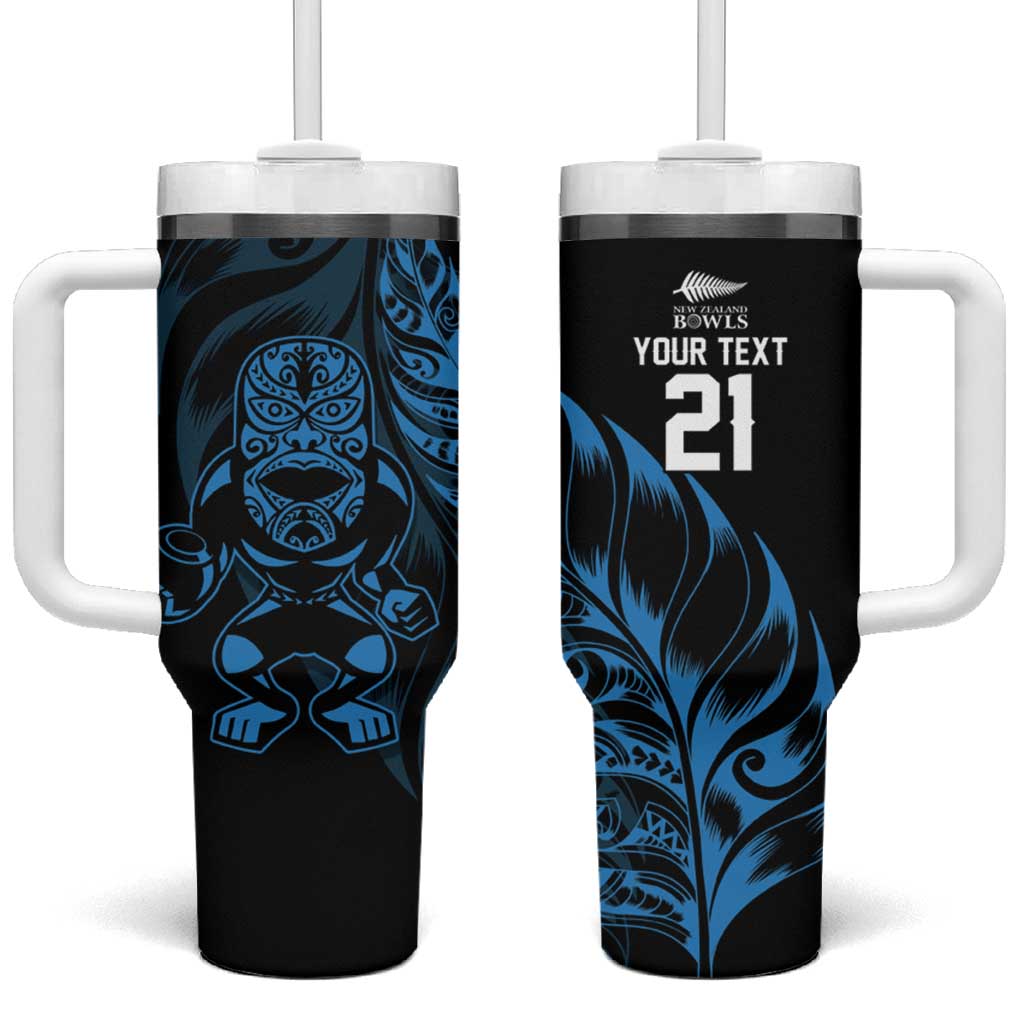 New Zealand Lawn Bowls Custom Tumbler With Handle Blue Maori Warrior Tribal Silver Fern - Polynesian Pride
