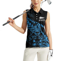 New Zealand Lawn Bowls Custom Women Sleeveless Polo Shirt Blue Maori Warrior Tribal Silver Fern - Polynesian Pride