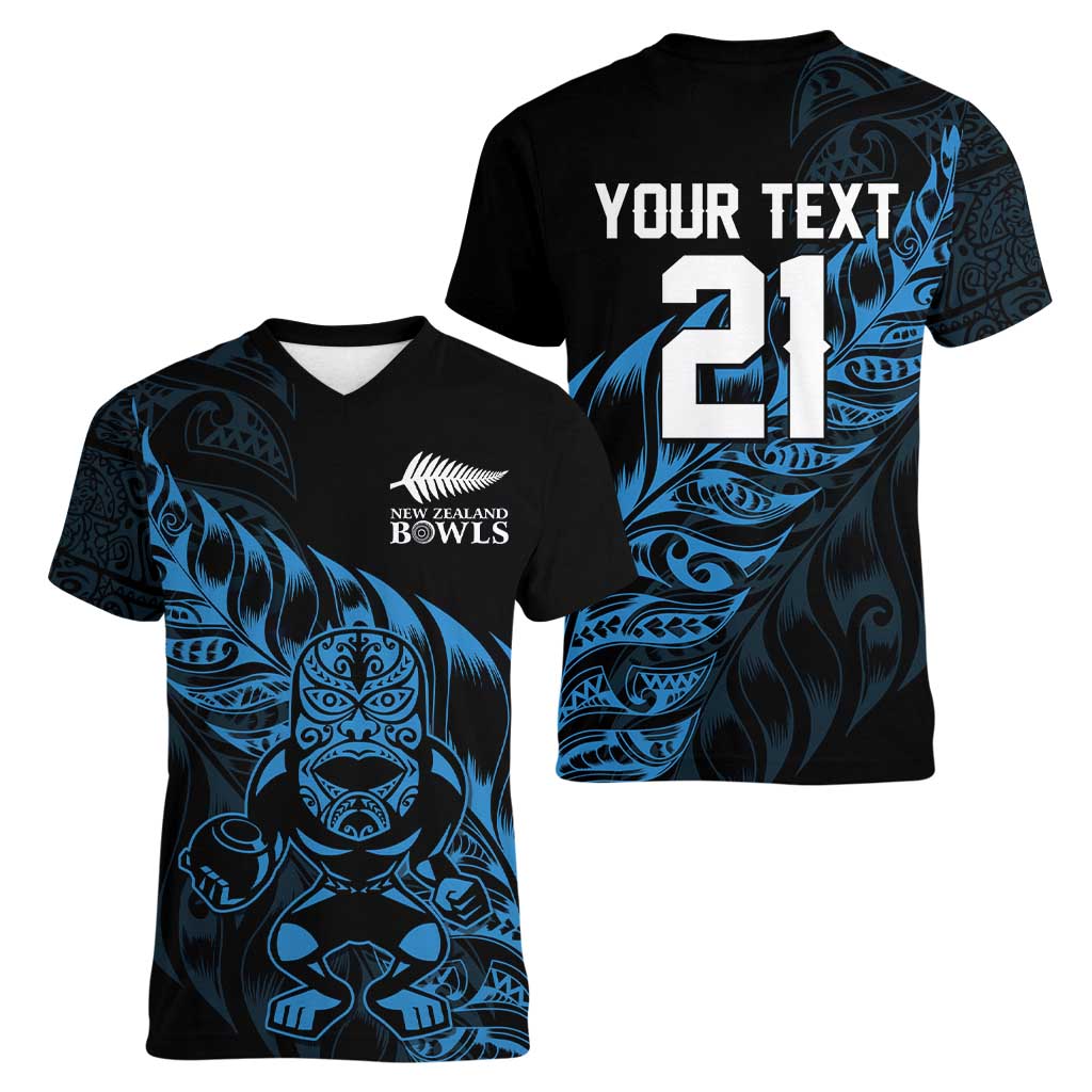 New Zealand Lawn Bowls Custom Women V-Neck T-Shirt Blue Maori Warrior Tribal Silver Fern - Polynesian Pride