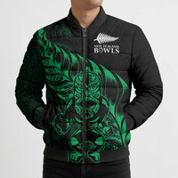 New Zealand Lawn Bowls Custom Bomber Puffer Jacket Green Maori Warrior Tribal Silver Fern - Polynesian Pride