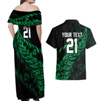 New Zealand Lawn Bowls Custom Couples Matching Off Shoulder Maxi Dress and Hawaiian Shirt Green Maori Warrior Tribal Silver Fern - Polynesian Pride