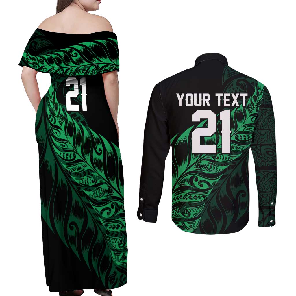 New Zealand Lawn Bowls Custom Couples Matching Off Shoulder Maxi Dress and Long Sleeve Button Shirt Green Maori Warrior Tribal Silver Fern - Polynesian Pride