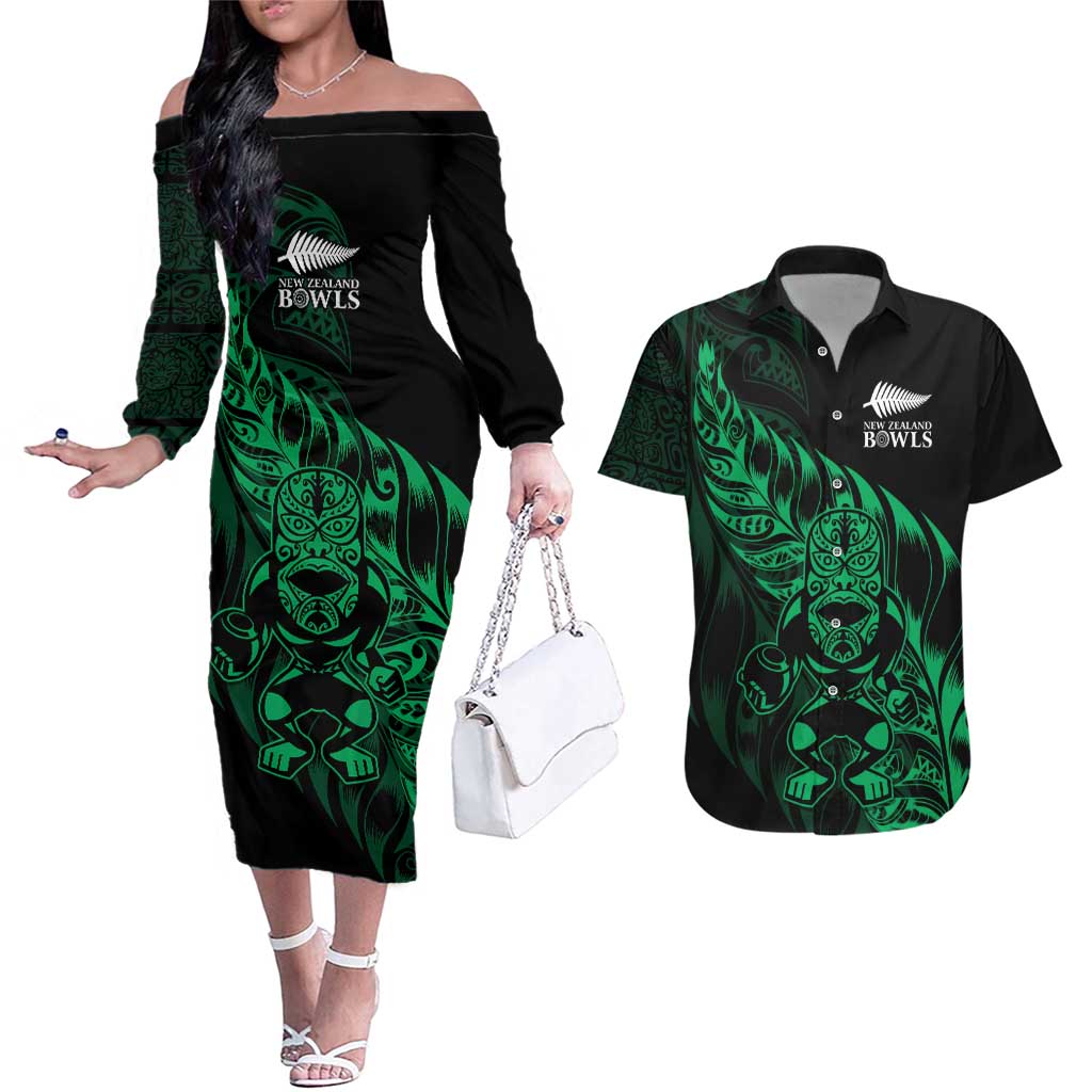 New Zealand Lawn Bowls Custom Couples Matching Off The Shoulder Long Sleeve Dress and Hawaiian Shirt Green Maori Warrior Tribal Silver Fern - Polynesian Pride