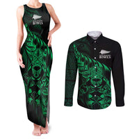 New Zealand Lawn Bowls Custom Couples Matching Tank Maxi Dress and Long Sleeve Button Shirt Green Maori Warrior Tribal Silver Fern - Polynesian Pride