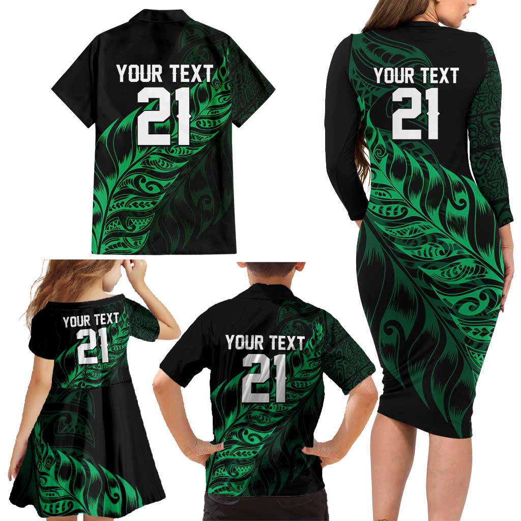 New Zealand Lawn Bowls Custom Family Matching Long Sleeve Bodycon Dress and Hawaiian Shirt Green Maori Warrior Tribal Silver Fern - Polynesian Pride