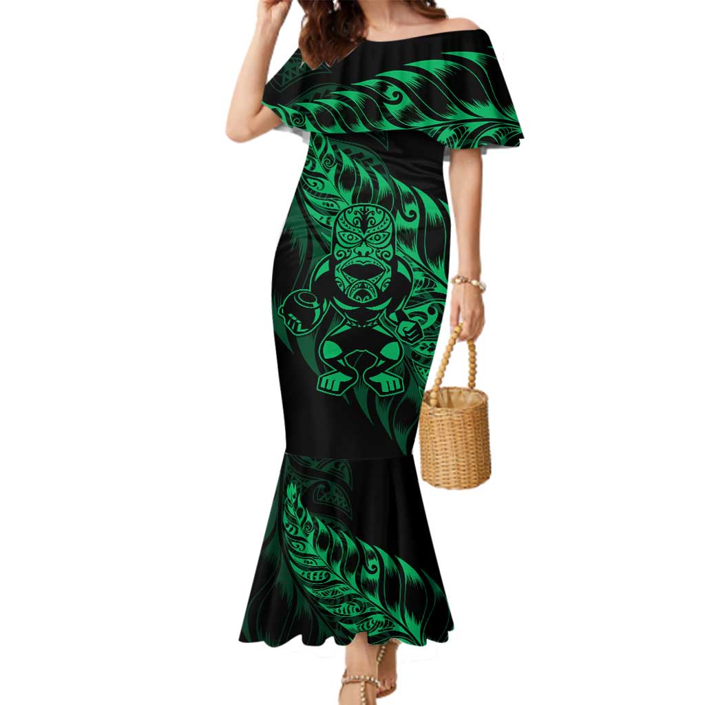 New Zealand Lawn Bowls Custom Family Matching Mermaid Dress and Hawaiian Shirt Green Maori Warrior Tribal Silver Fern - Polynesian Pride