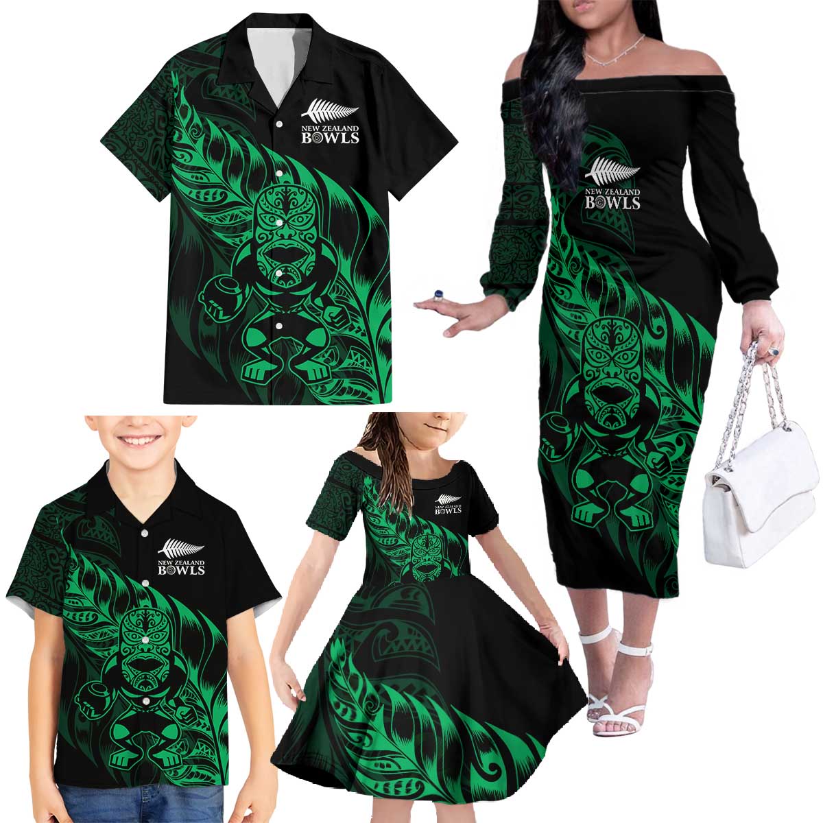 New Zealand Lawn Bowls Custom Family Matching Off The Shoulder Long Sleeve Dress and Hawaiian Shirt Green Maori Warrior Tribal Silver Fern - Polynesian Pride