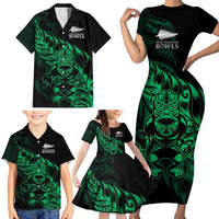 New Zealand Lawn Bowls Custom Family Matching Short Sleeve Bodycon Dress and Hawaiian Shirt Green Maori Warrior Tribal Silver Fern - Polynesian Pride