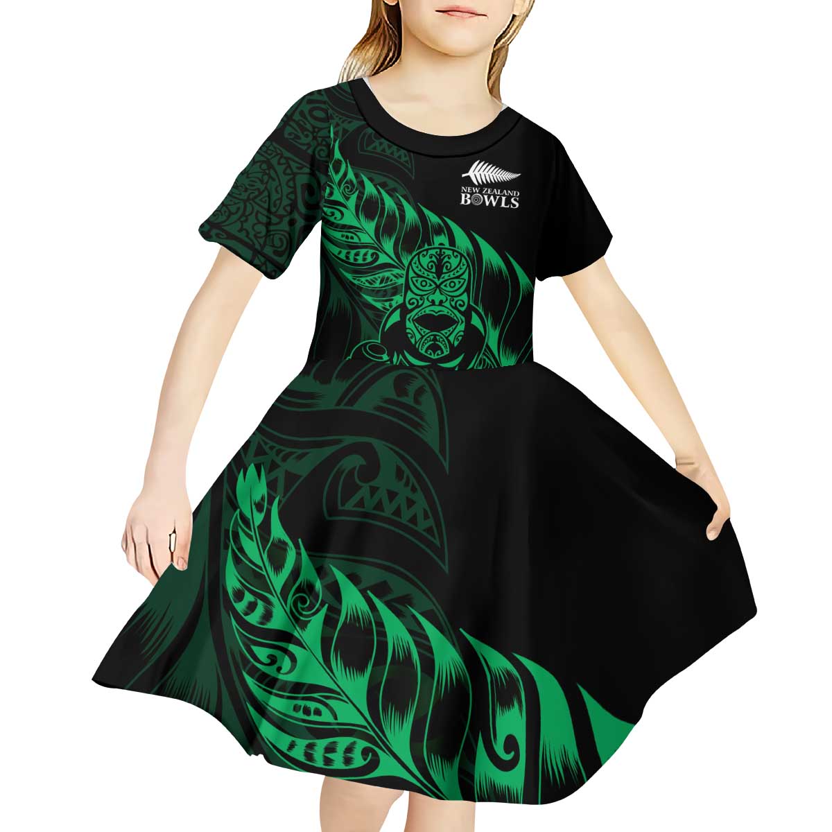 New Zealand Lawn Bowls Custom Kid Short Sleeve Dress Green Maori Warrior Tribal Silver Fern - Polynesian Pride