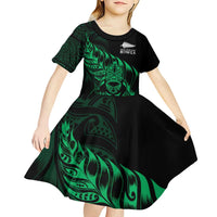 New Zealand Lawn Bowls Custom Kid Short Sleeve Dress Green Maori Warrior Tribal Silver Fern - Polynesian Pride
