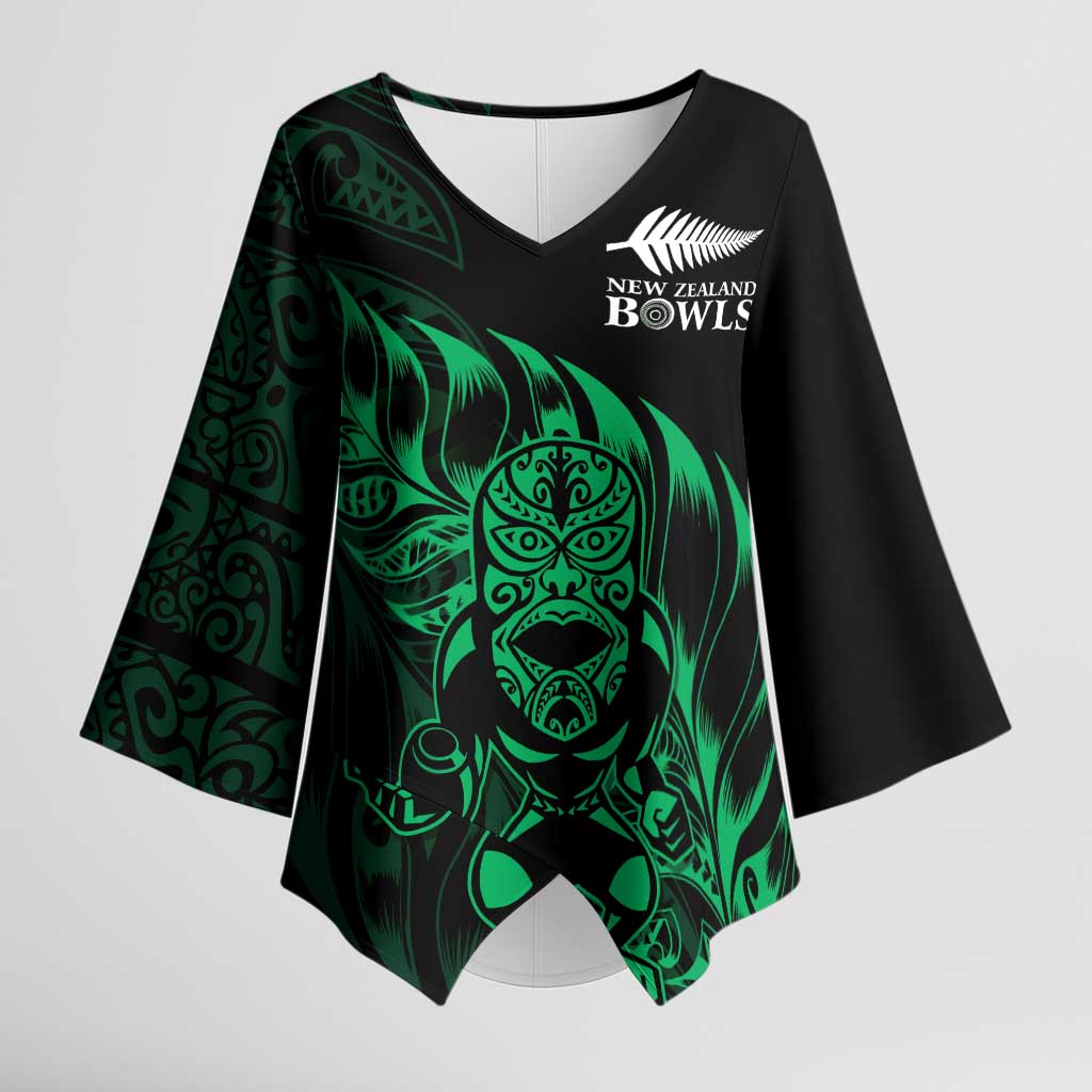 New Zealand Lawn Bowls Custom Kimono Sleeve Blouse Green Maori Warrior Tribal Silver Fern - Polynesian Pride