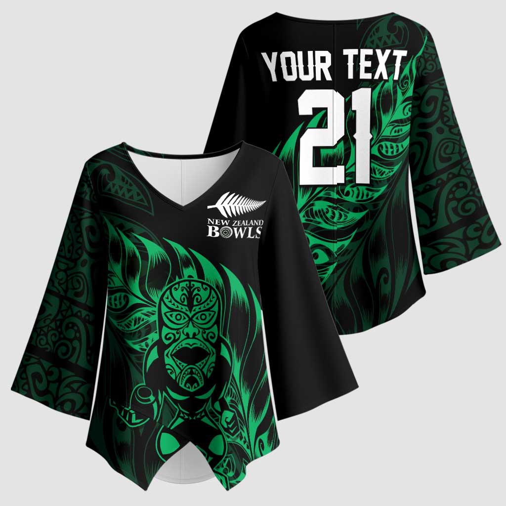 New Zealand Lawn Bowls Custom Kimono Sleeve Blouse Green Maori Warrior Tribal Silver Fern - Polynesian Pride