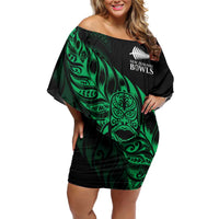 New Zealand Lawn Bowls Custom Off Shoulder Short Dress Green Maori Warrior Tribal Silver Fern - Polynesian Pride