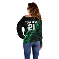 New Zealand Lawn Bowls Custom Off Shoulder Sweater Green Maori Warrior Tribal Silver Fern - Polynesian Pride