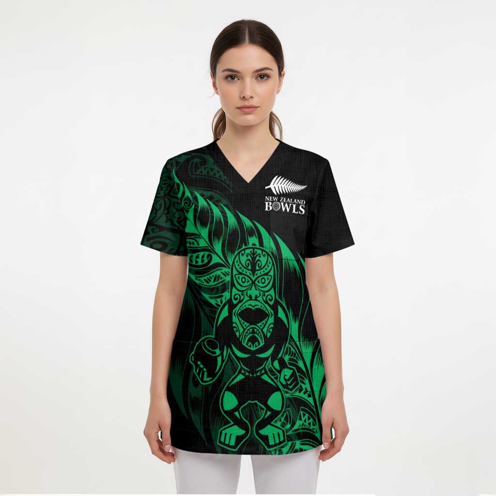 New Zealand Lawn Bowls Custom Scrub Top Green Maori Warrior Tribal Silver Fern - Polynesian Pride